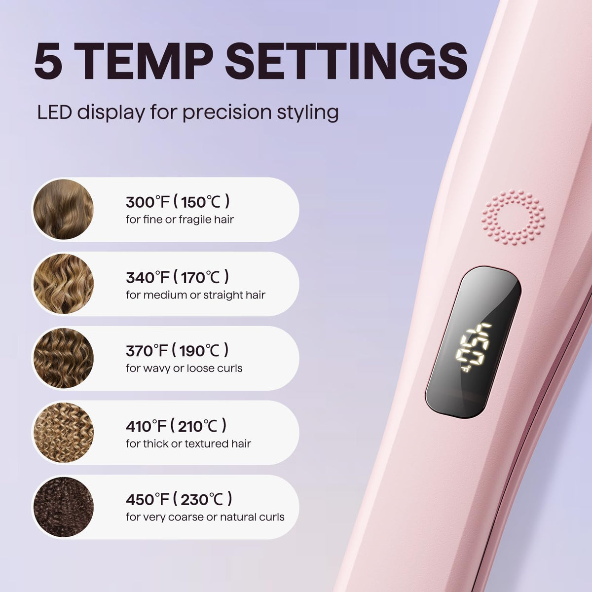 Side profile of Wavytalk pink steam hair iron showing ergonomic design