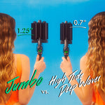 Amika mermaid hair waver displaying the digital heat adjustments and power button details