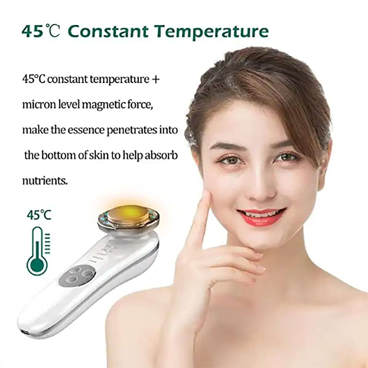 Microcurrent facial massager showing 45 degree heating mode.