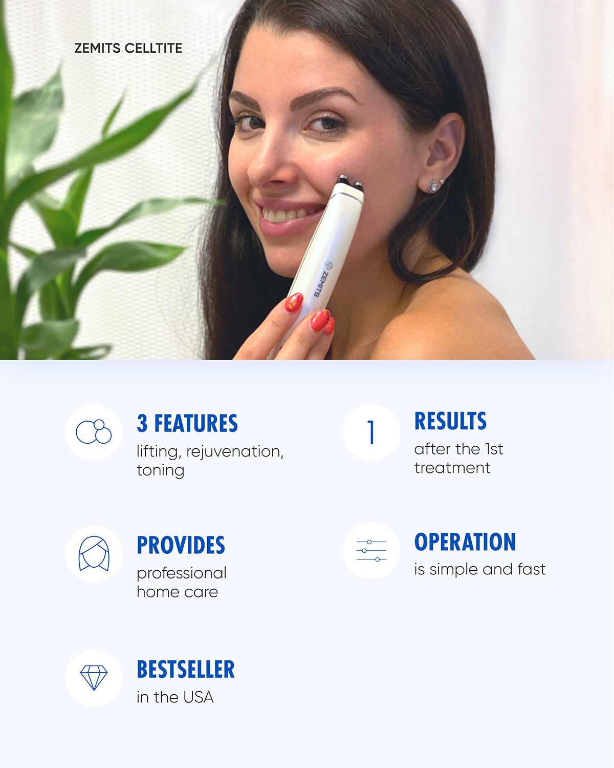 Zemits CellTite handheld device showing eye and lip lifting functions
