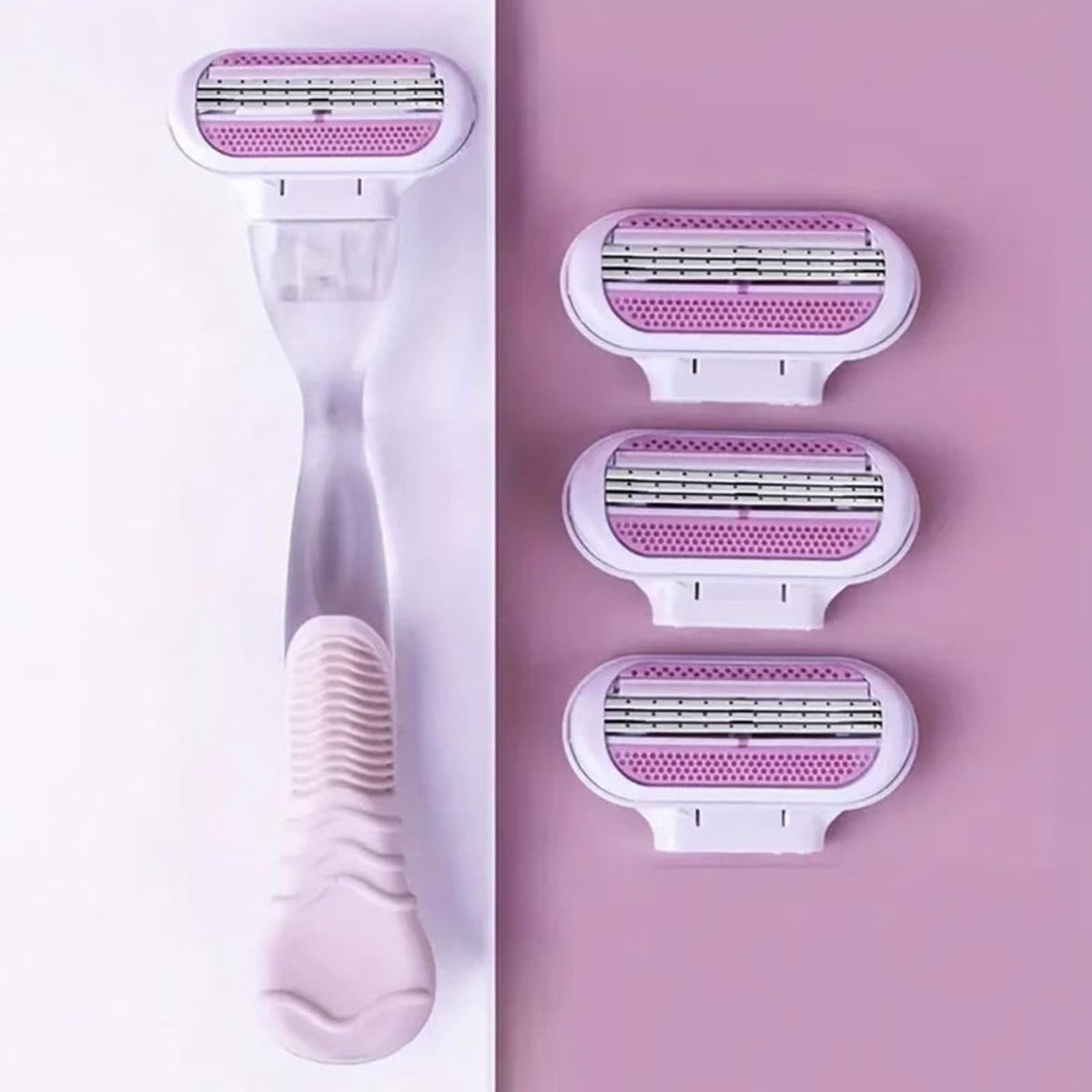 Close up of the attachment mechanism on the blue and pink bikini hair removal handles.