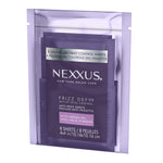 Back of Nexxus Frizz Defy packaging showing directions for travel friendly hair sheets