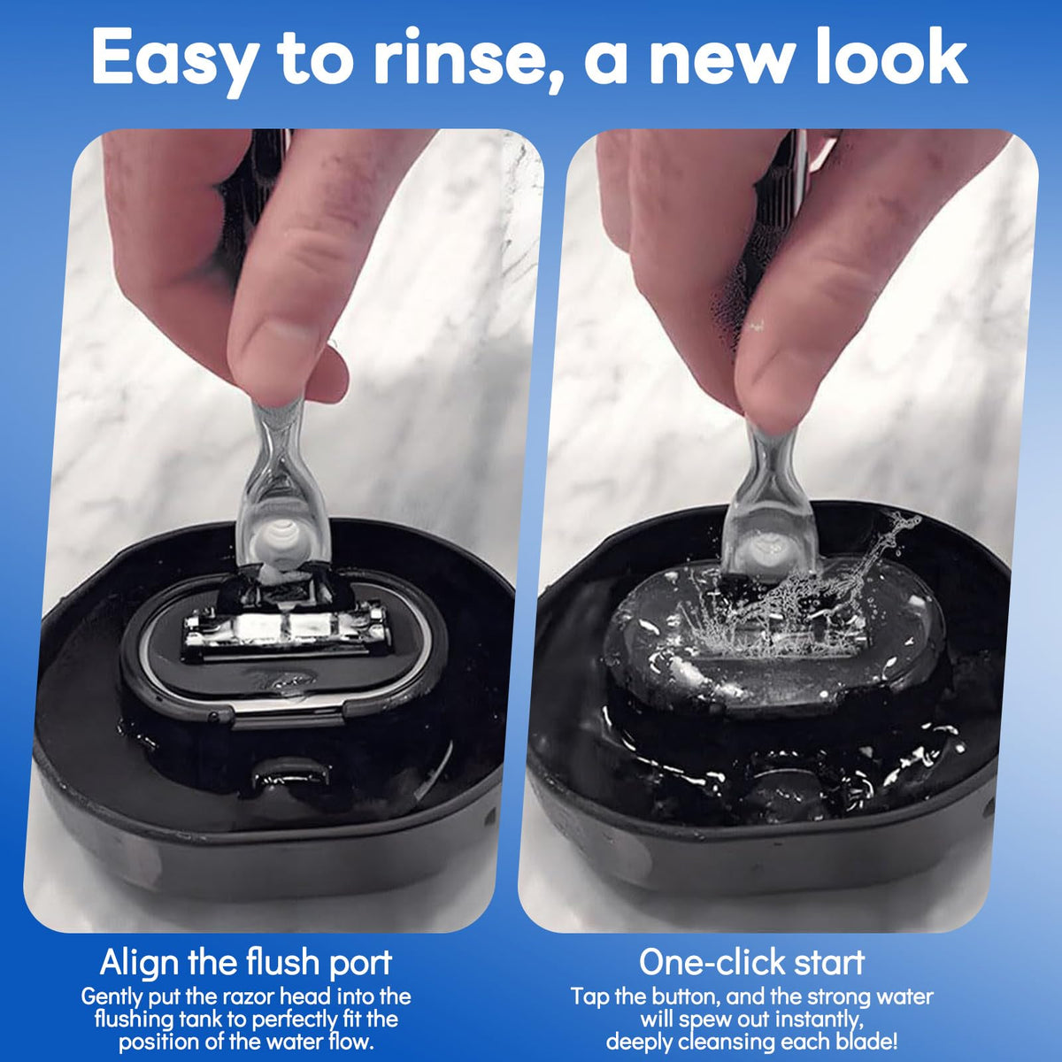 Manual push type shaver cleaner showing the water reservoir basin and filter system.