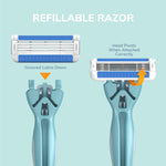 Light blue ergonomic razor handle attached to a four blade cartridge side angle