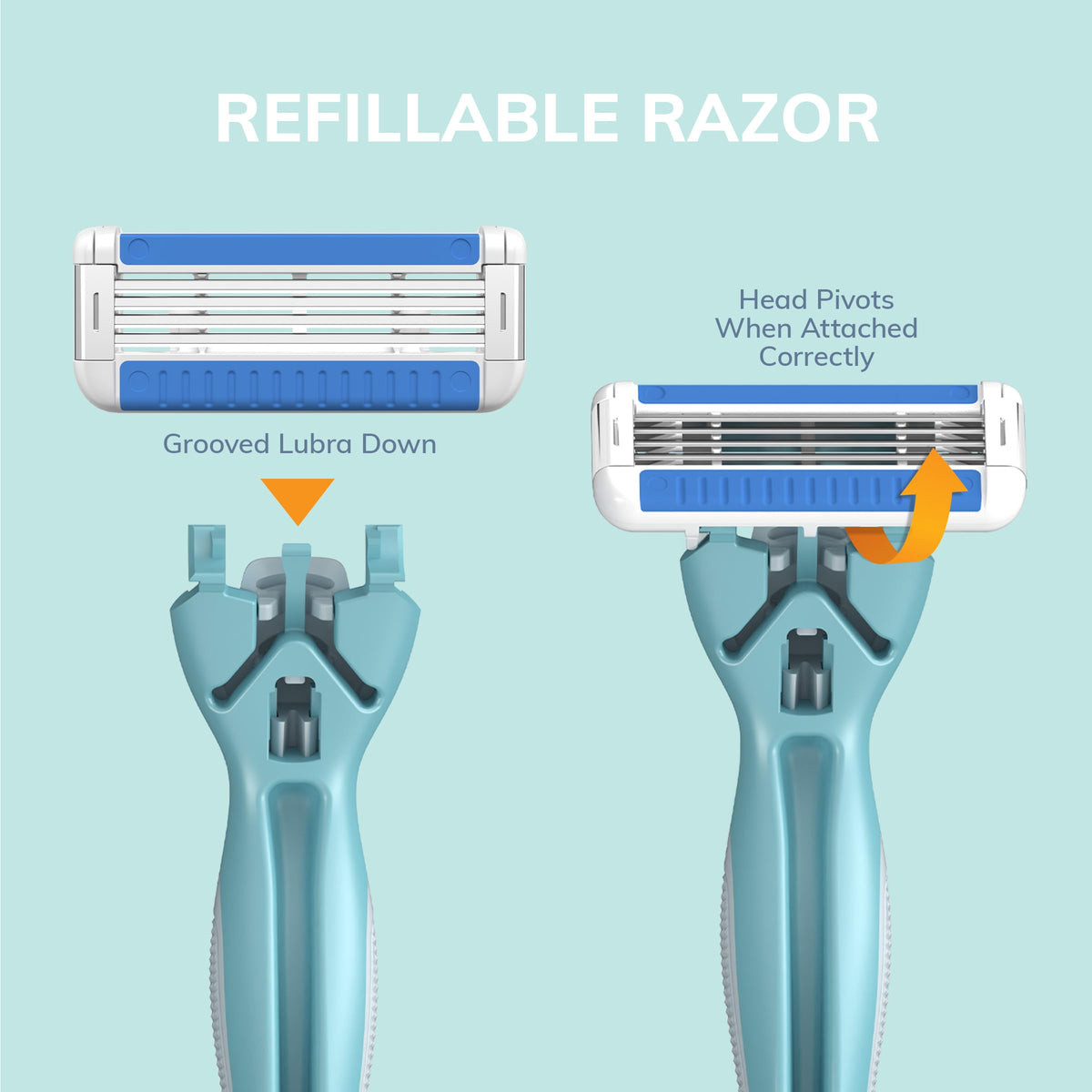 Light blue ergonomic razor handle attached to a four blade cartridge side angle