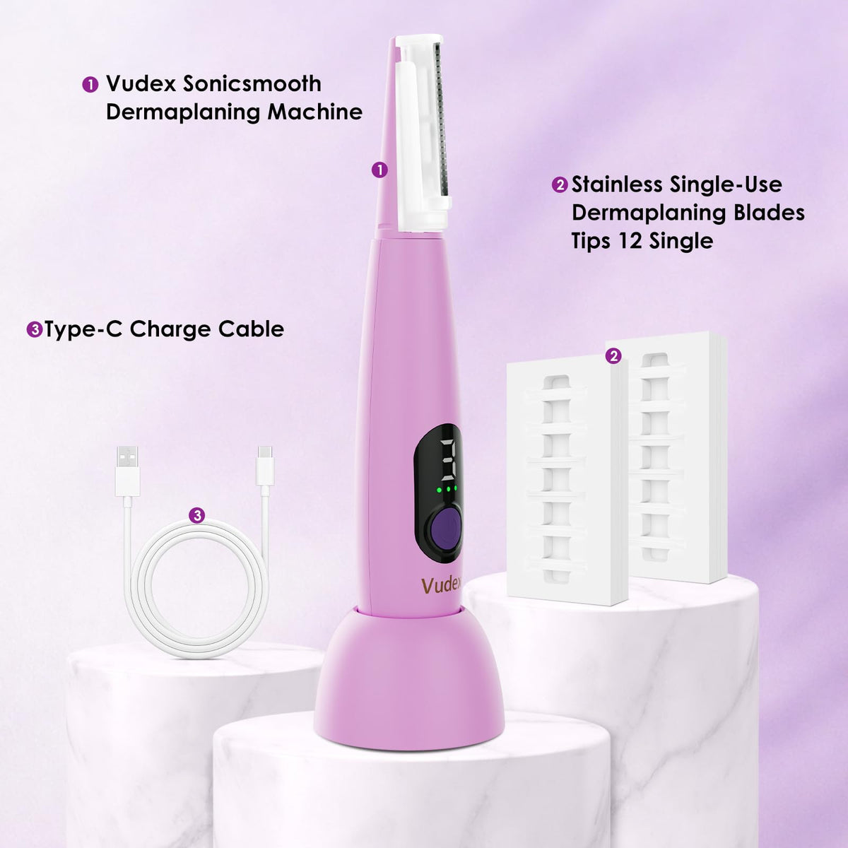 Side profile of the cordless lavender dermaplane razor highlighting the ergonomic grip handle design.