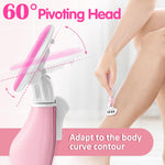 Ergonomic non slip purple metal handle of the DreamGenius ladies razor system being held securely