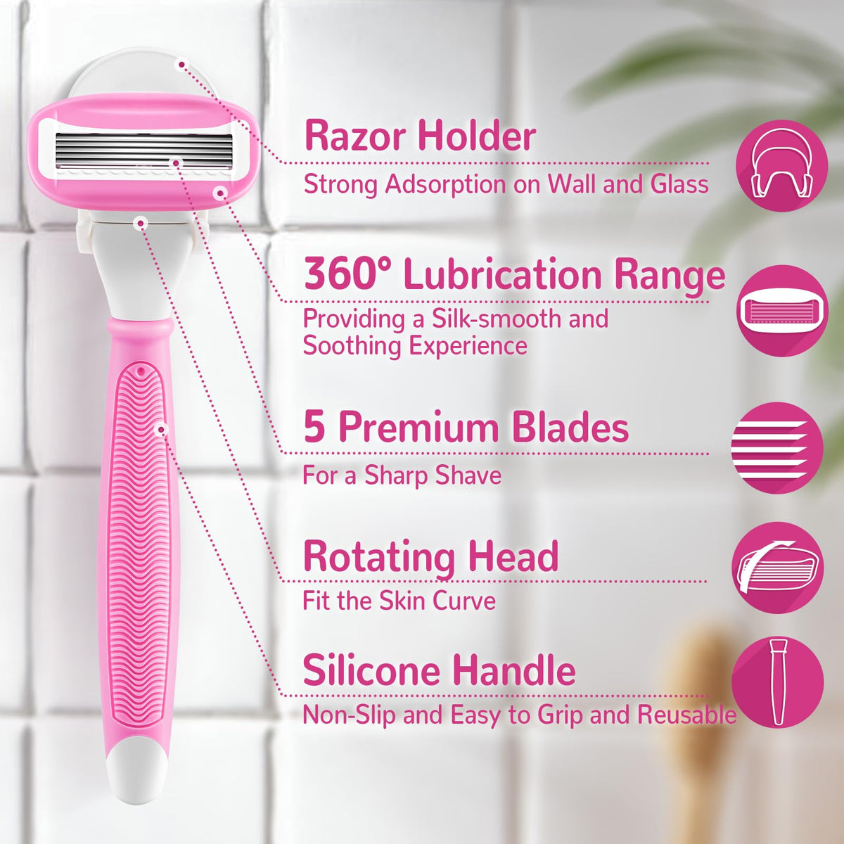 DreamGenius female grooming razor attached to the matching wall mounted shower holder