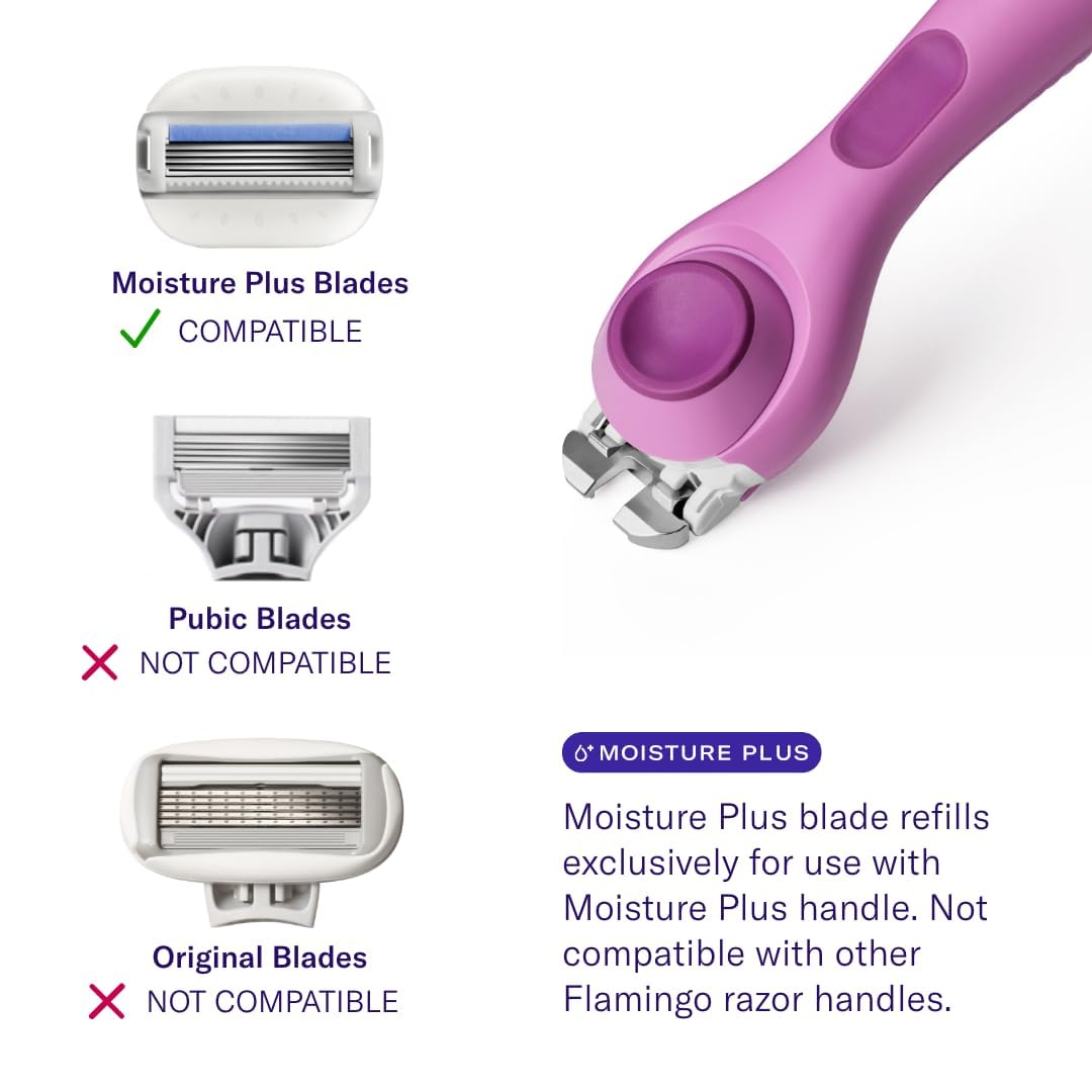 Flamingo Moisture Plus four blade cartridge close up showing water activated conditioning bars