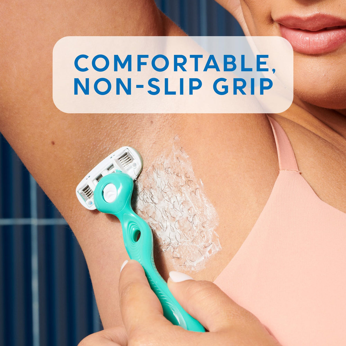 Detailed view of curve-sensing razor blades for women