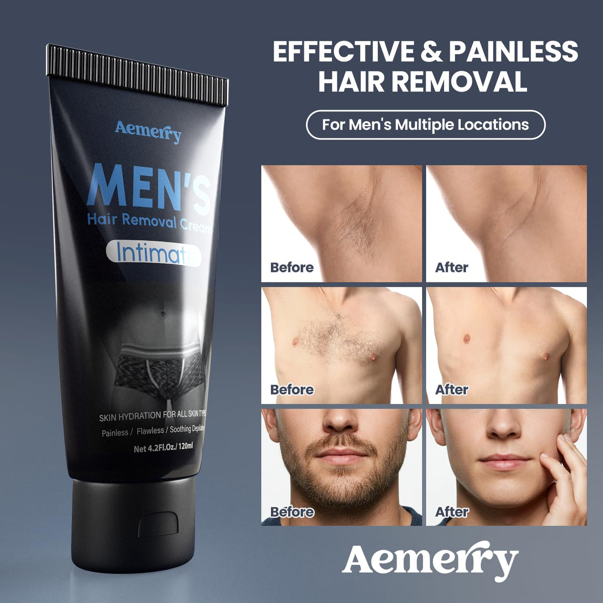 Grooming tube of Aemerry hair remover cream for intimate manscaping zones