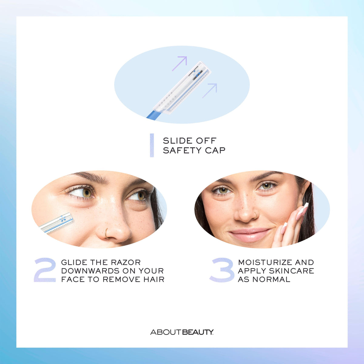 About Face facial groomers package showing three disposable blue dermaplaning shavers