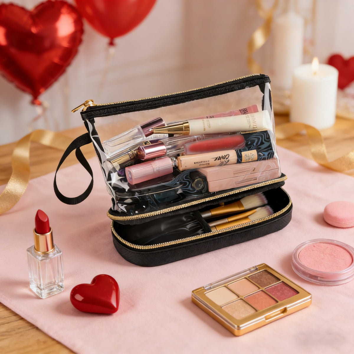 Ethereal clear cosmetic pouch packed with lipsticks, foundations, and makeup brushes to demonstrate storage capacity.