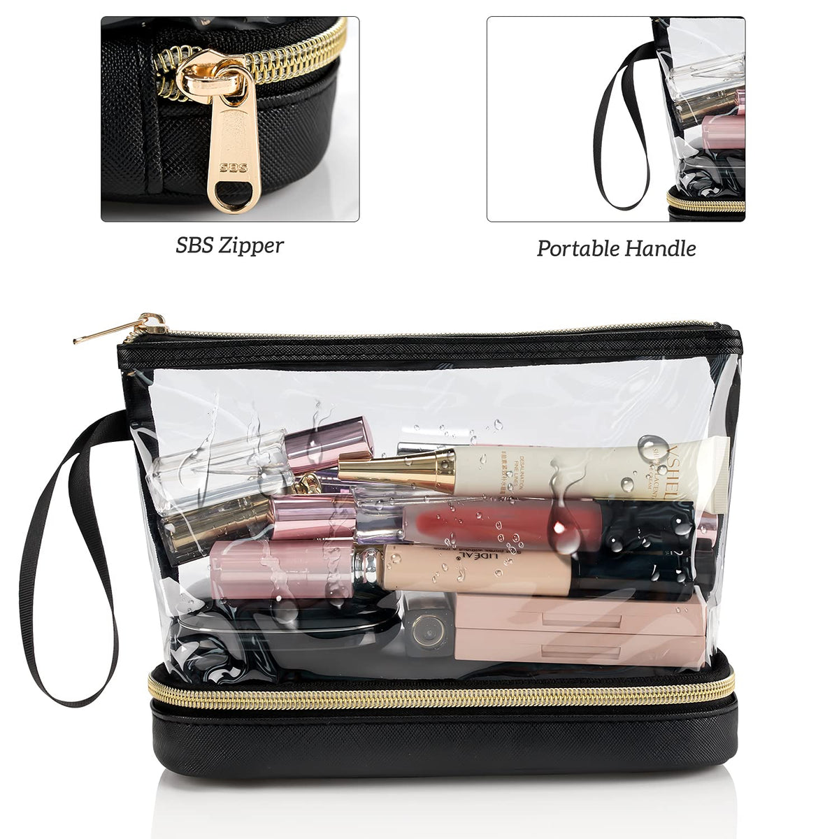 Ethereal premium vegan leather cosmetic pouch being placed into a travel suitcase for airport transit.