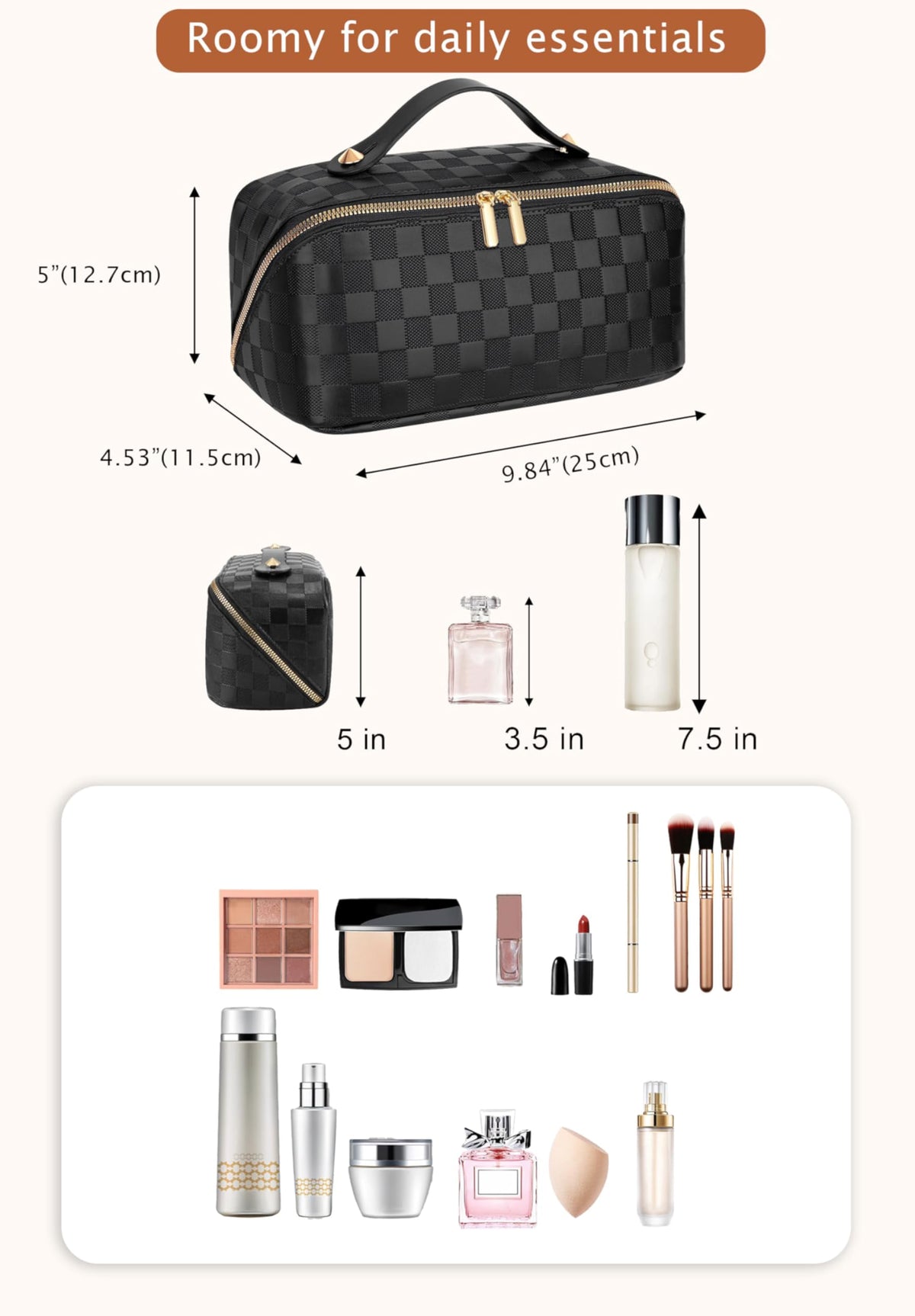 Side angle of travel toiletry pouch for women with premium gold zippers