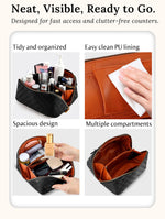Internal storage layout of portable makeup case showing main compartments packed with cosmetics