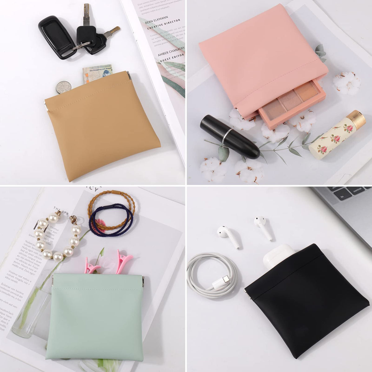 BUSOHA self closing pocket cosmetic bag interior soft suede lining view with jewelry