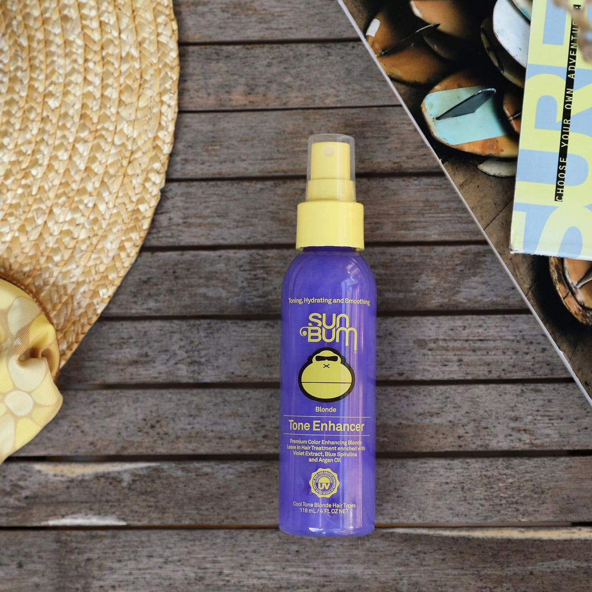 Cruelty free and paraben free Sun Bum purple toning spray for blonde hair