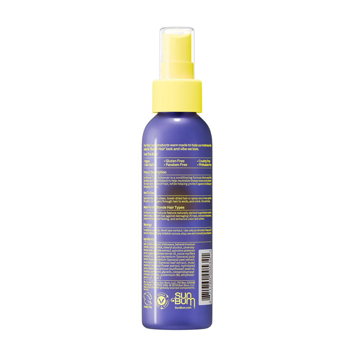 Sun Bum blonde tone enhancer bottle showing the clean formula text