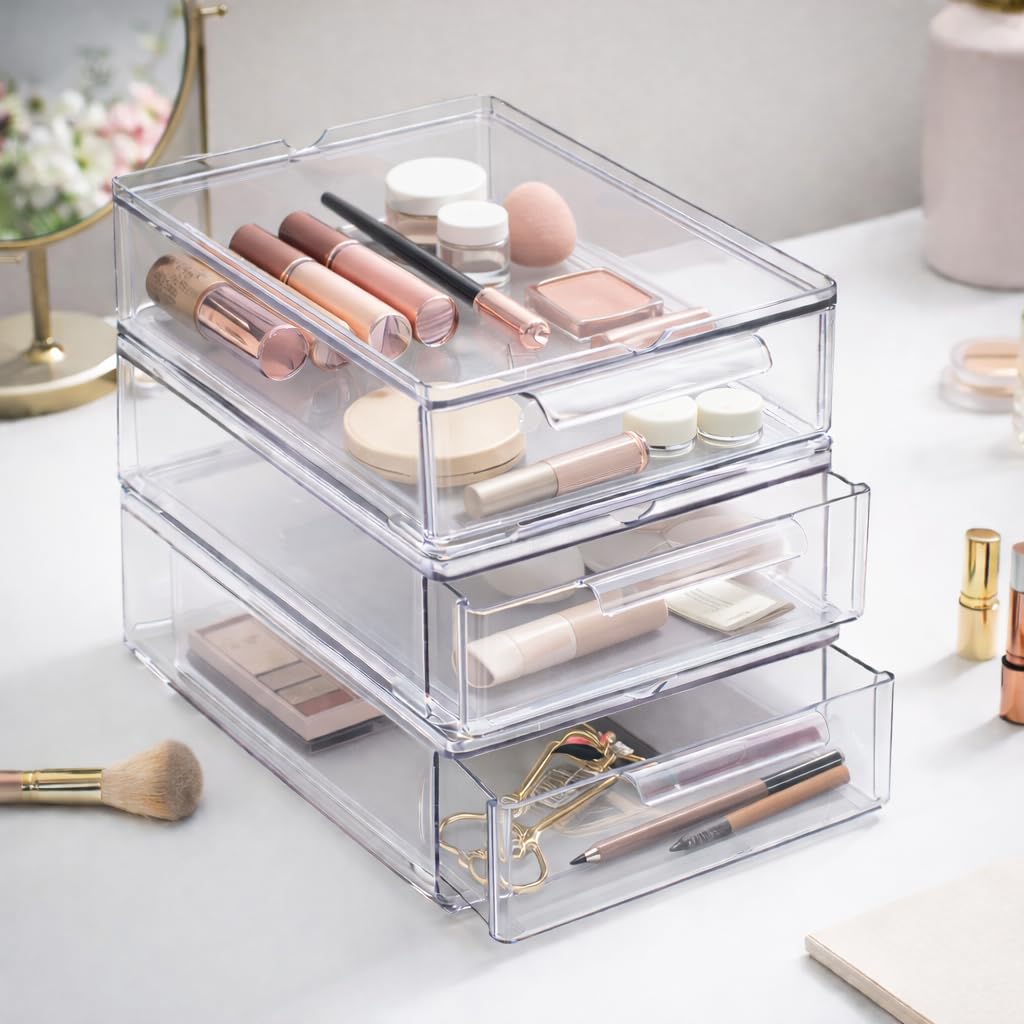 Three stacked BINO clear modular organizer drawers highlighting the built in pull handles and space saving vertical setup.