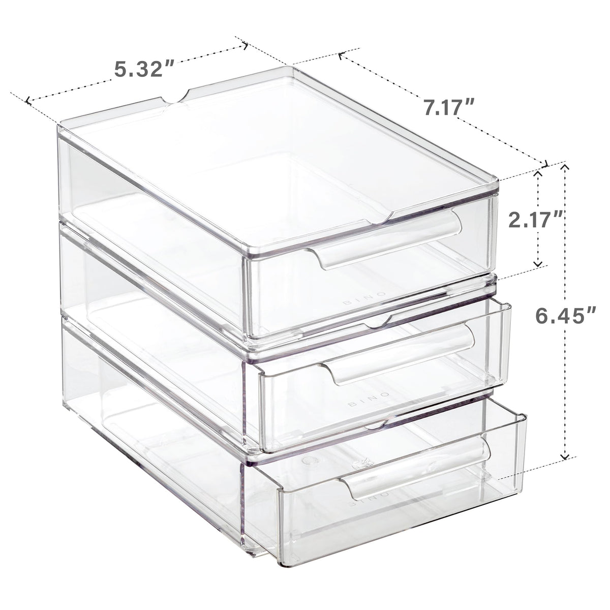 BINO clear plastic storage bins used for organizing skincare items and makeup brushes on a modern bathroom countertop.