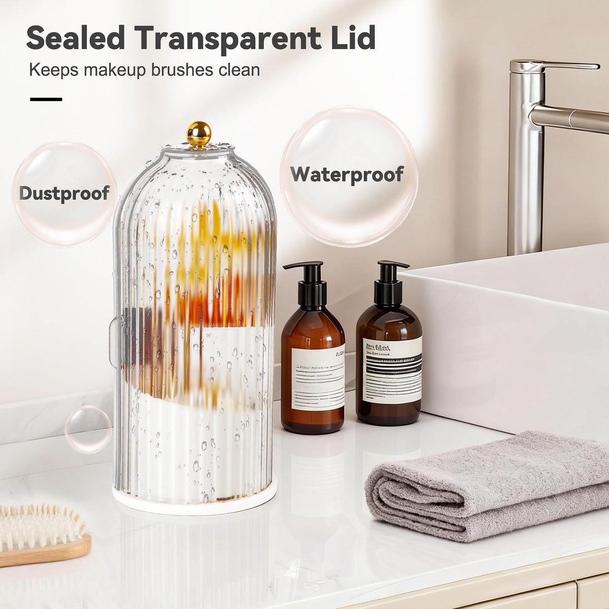 Rotatable transparent cosmetic display case showcasing premium face brushes inside