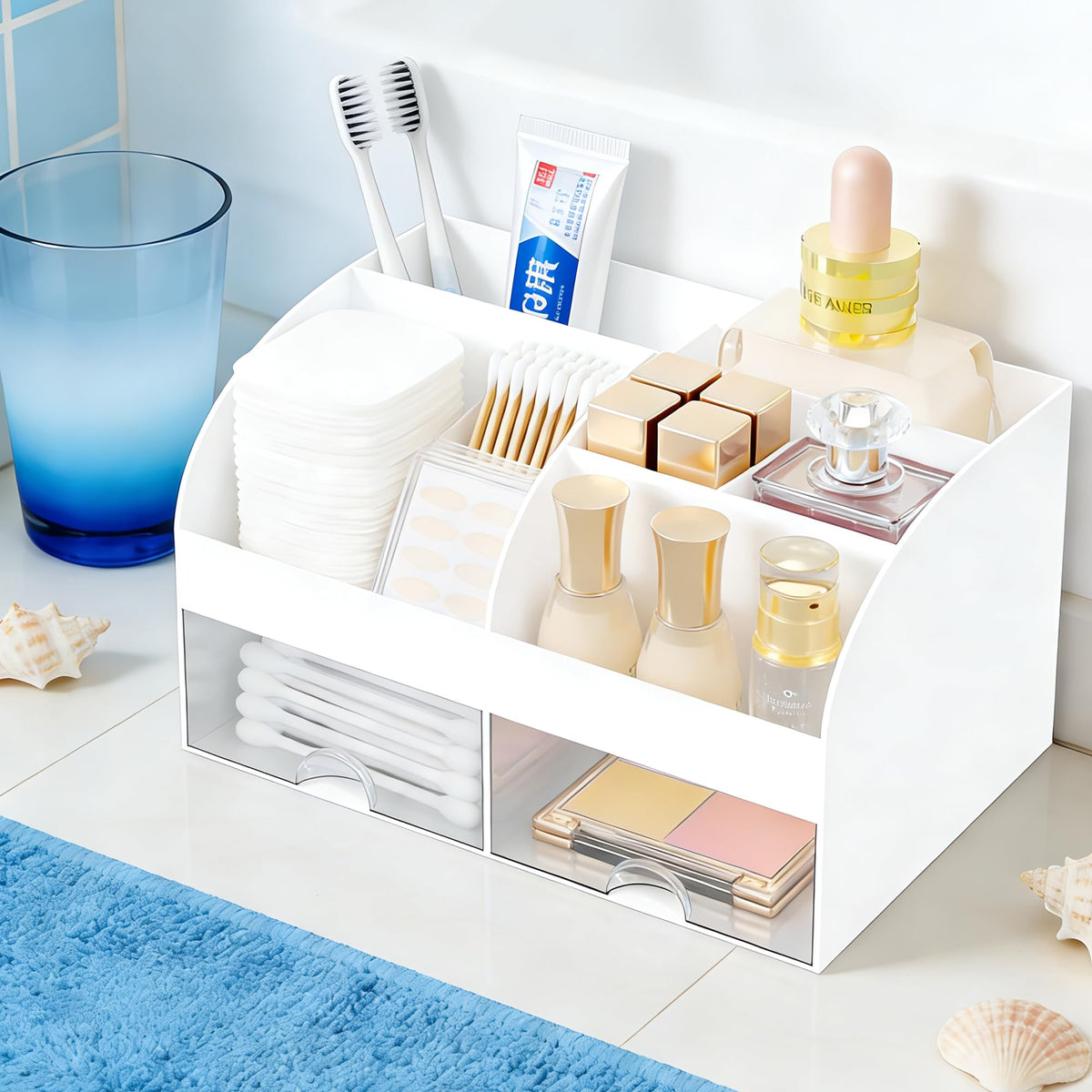 DIRZHX cosmetic storage case side angle showing transparent drawers pulled open.