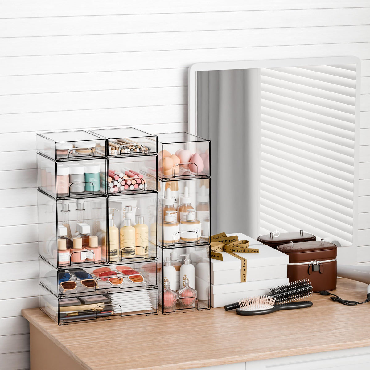 Yieach acrylic drawer containers stacked vertically as a bathroom vanity organizer for skincare products