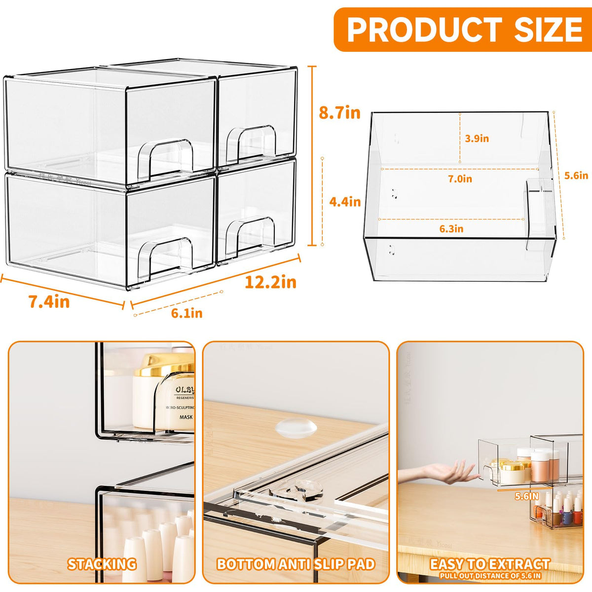 Yieach plastic makeup and medicine organizer bins side by side inside an undersink storage cabinet
