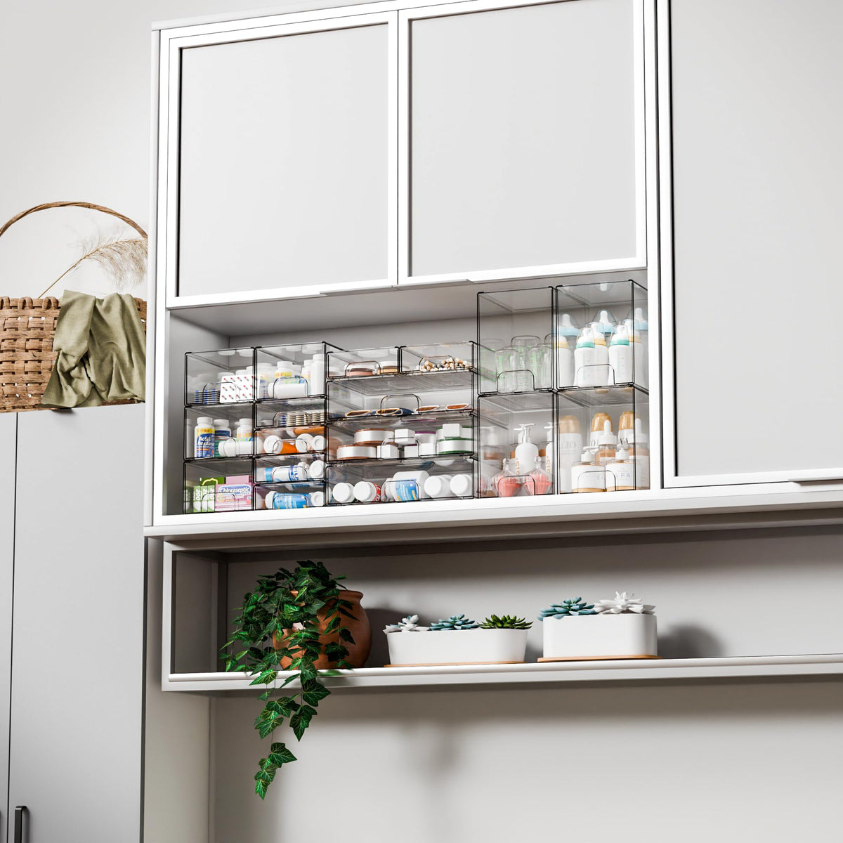 Yieach stackable storage units filled with lipsticks and cosmetic accessories on a dressing table