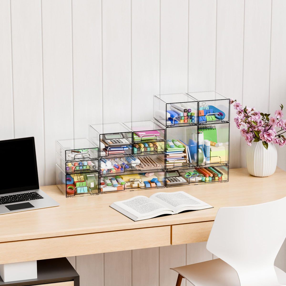 Yieach clear drawers utilized as a desk organizer holding pens markers and office supply items