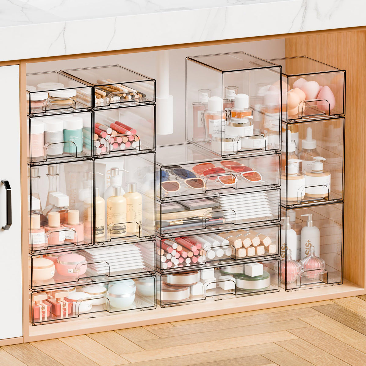 Yieach stackable plastic drawers showing the smooth pull out track and safety anti pullout rail system