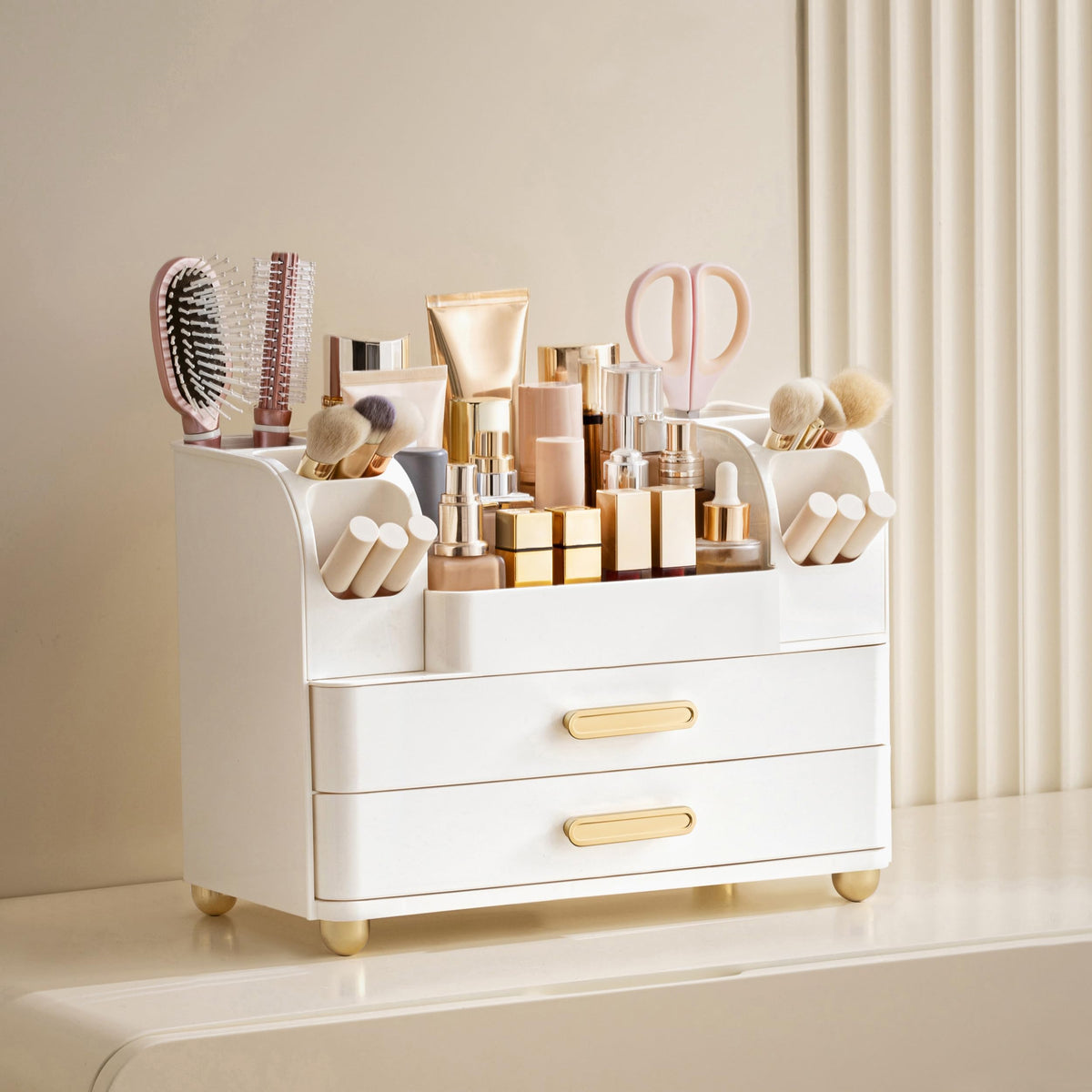 HBlife vanity cosmetic storage side slots holding makeup brushes and lip glosses upright.