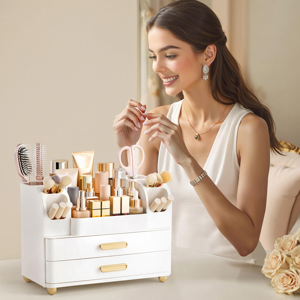 HBlife elegant white dresser storage box showing non-slip rubber feet attached to the bottom.