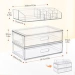Close up view of the transparent makeup holder top bin compartments holding beauty brushes and perfume bottles