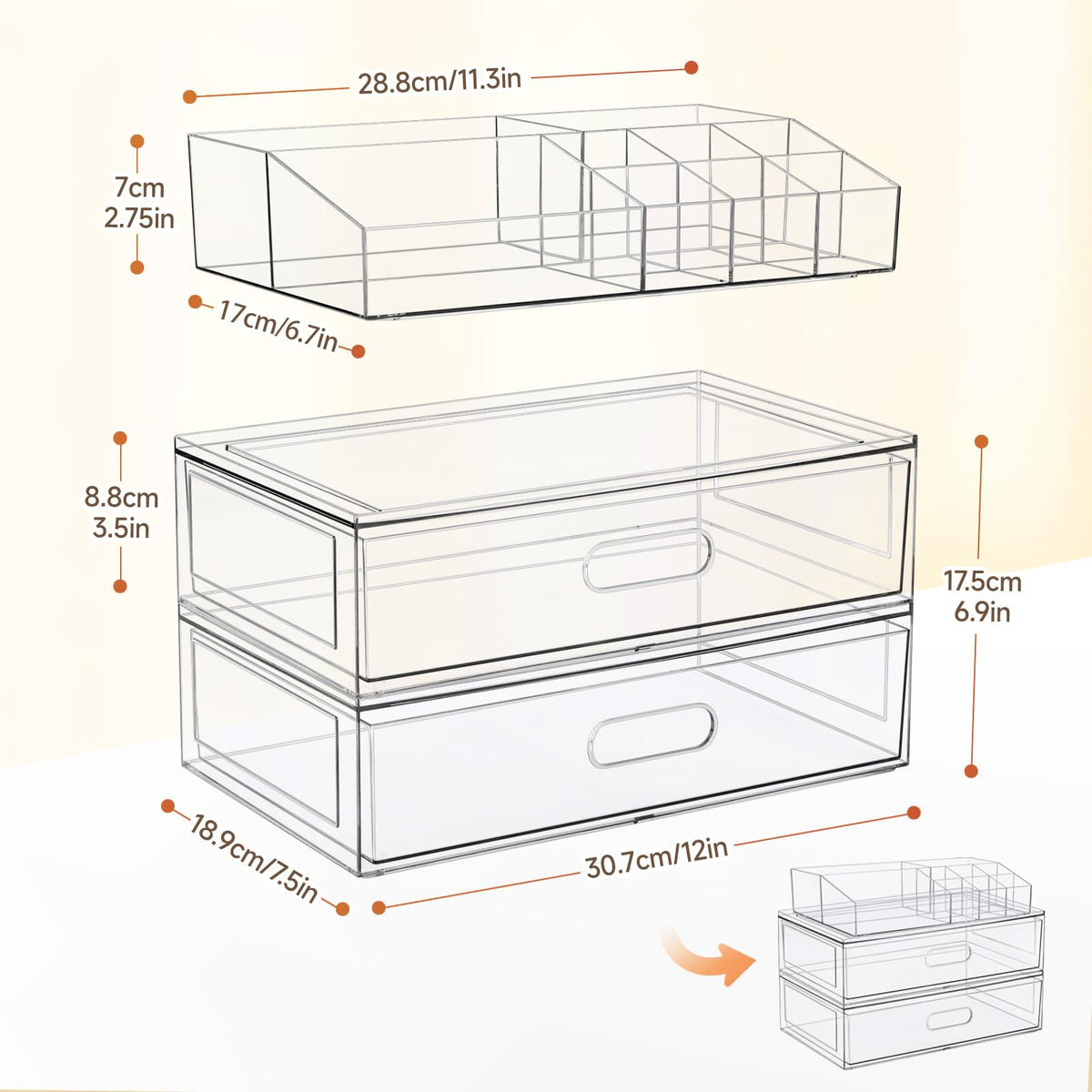 Close up view of the transparent makeup holder top bin compartments holding beauty brushes and perfume bottles