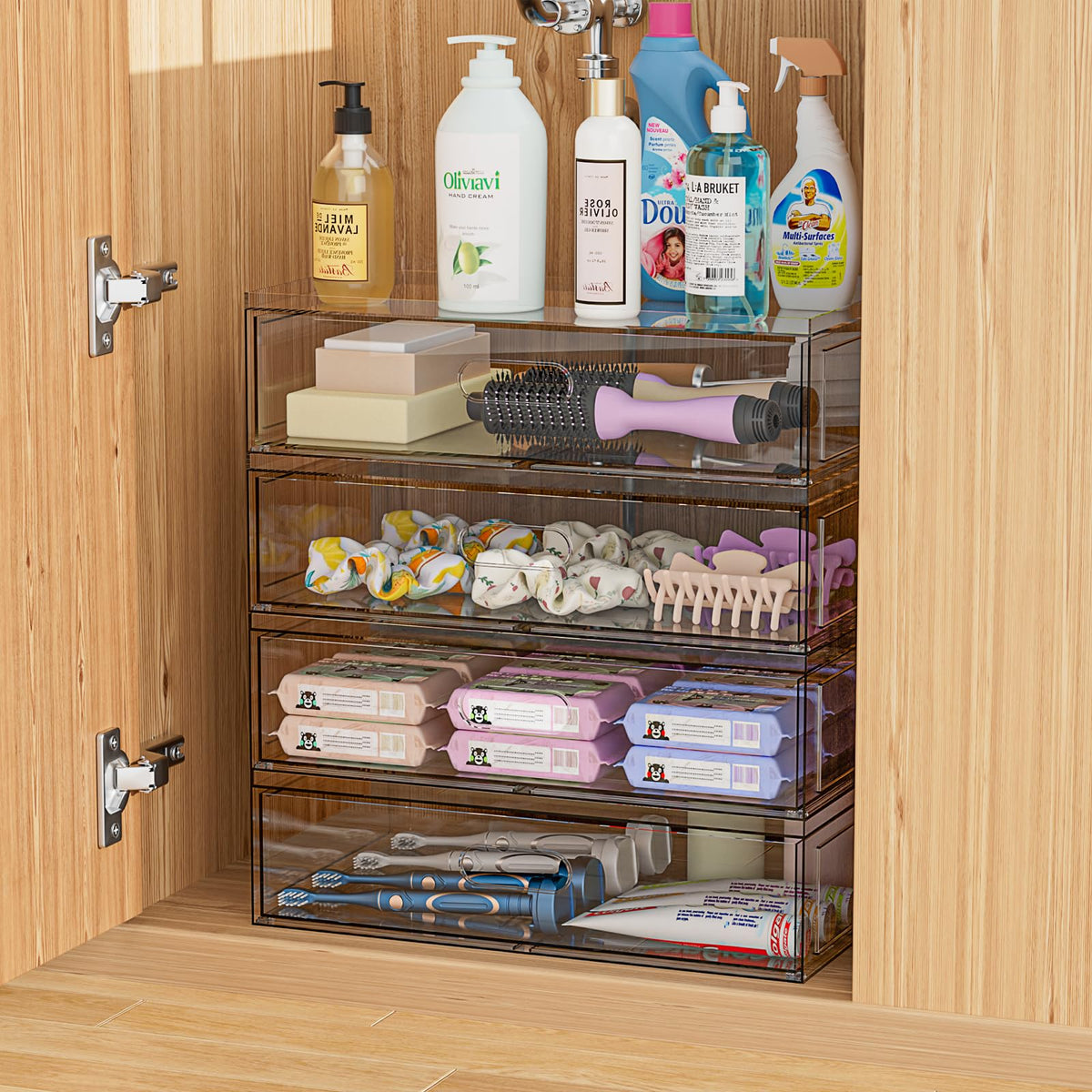 Aurblozen modular acrylic vanity organizer arranged side by side on a modern bathroom counter space
