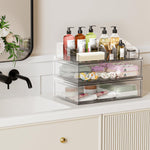 Spacious clear cosmetic storage case filled with premium palettes and foundations showing organized interior layout