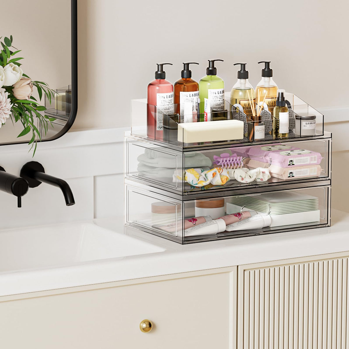 Spacious clear cosmetic storage case filled with premium palettes and foundations showing organized interior layout