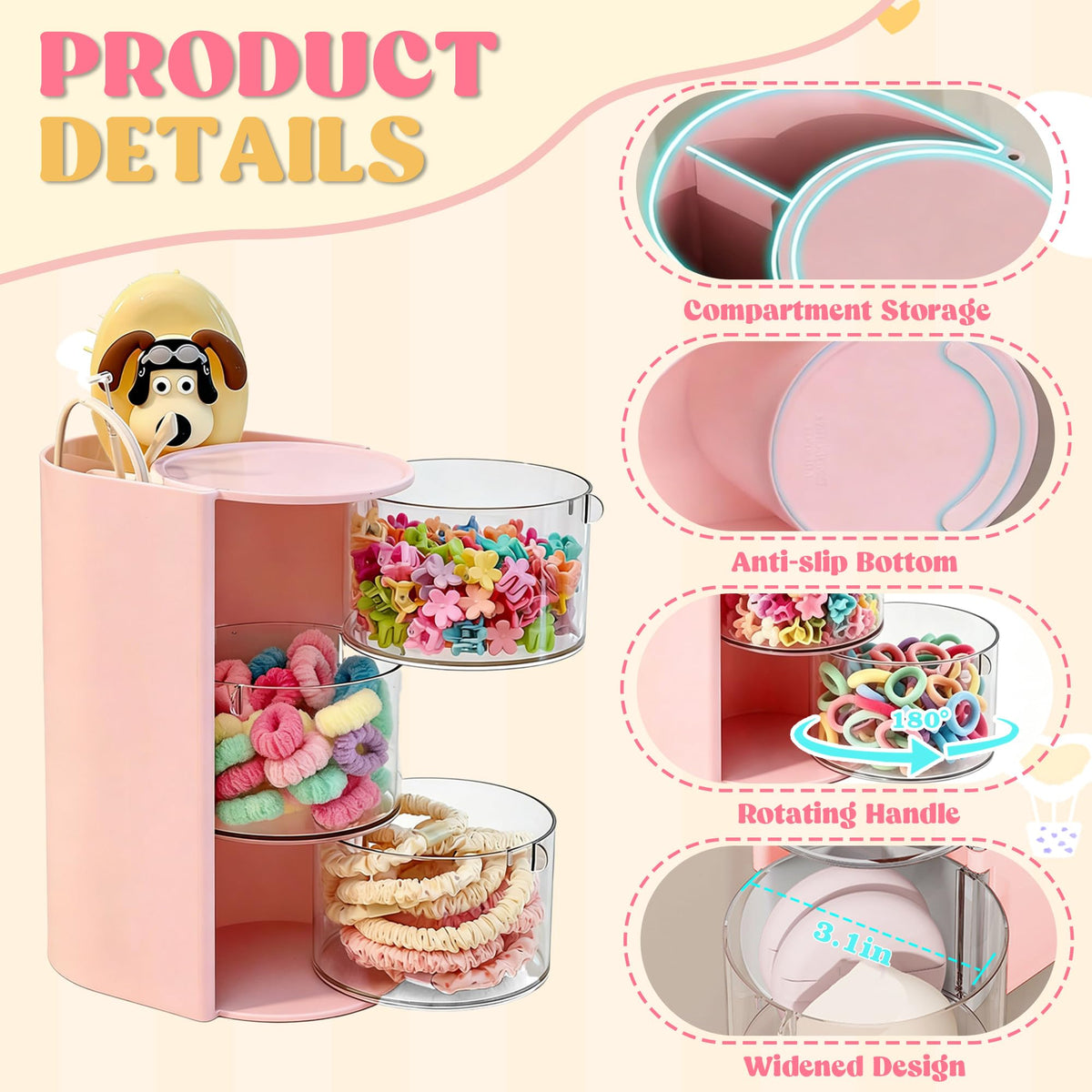 Top view of Azurphoric desktop cylinder storage tower highlighting the cute cartoon character handle on the lid