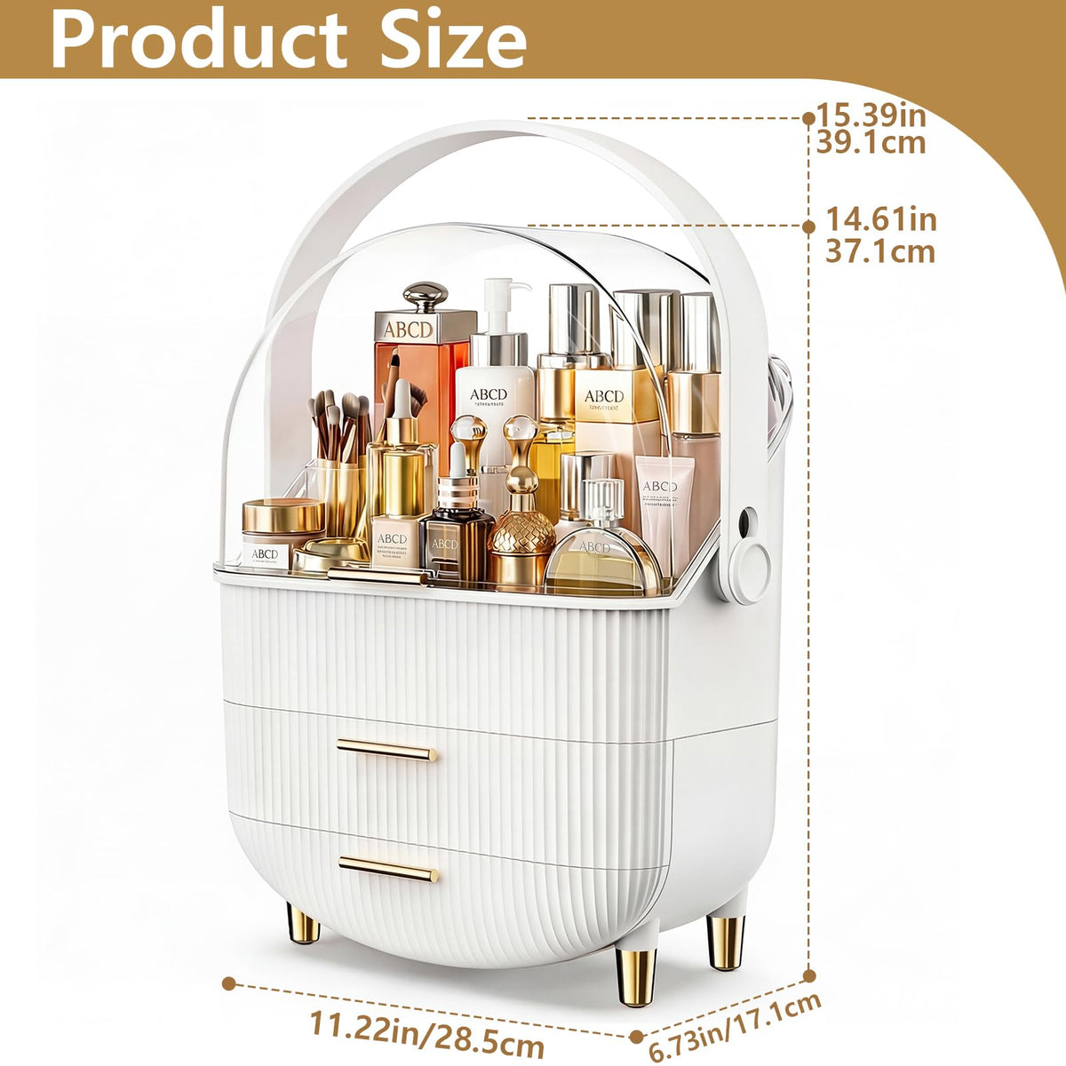 NestOrganix skincare organizer with open transparent lid showing tall bottles