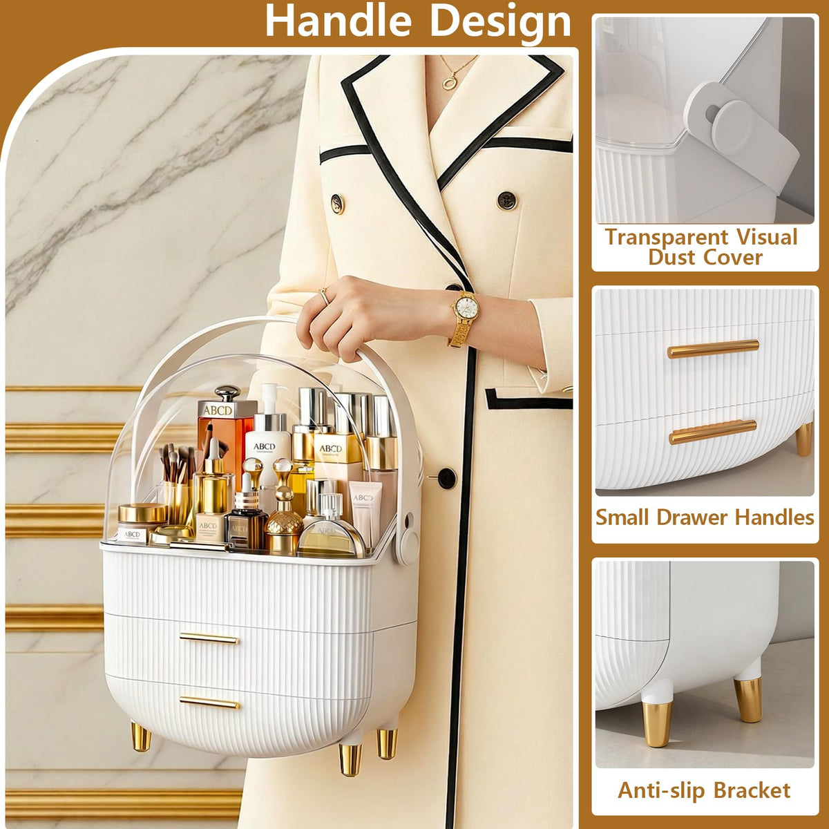 NestOrganix luxury makeup case with golden handle on a bedroom vanity desk