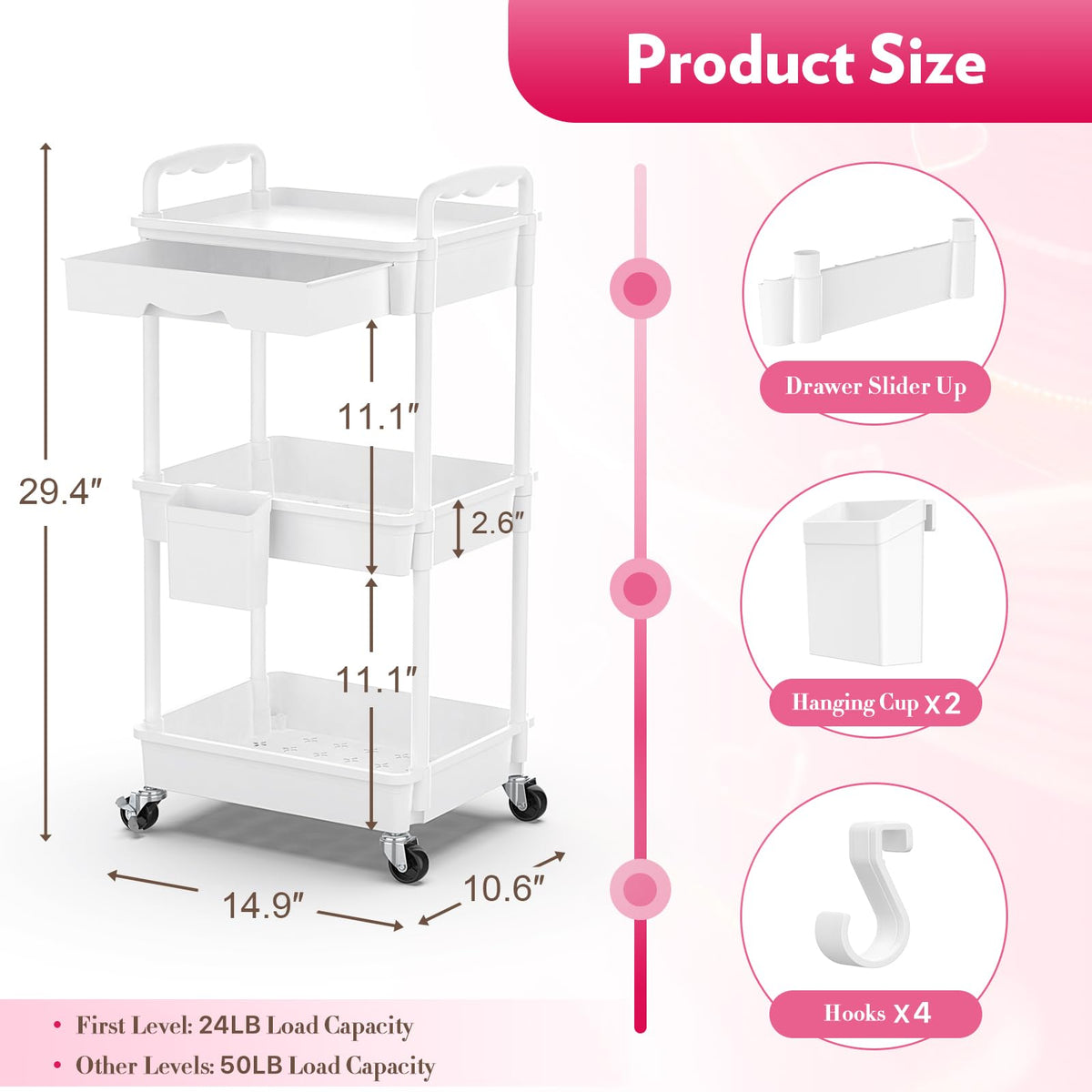 SUNALLY rolling vanity storage trolley with drawers displaying organized cosmetics and skincare products.