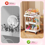 SUNALLY mobile bathroom storage cart standing beside a vanity mirror showing lockable wheel mechanism.
