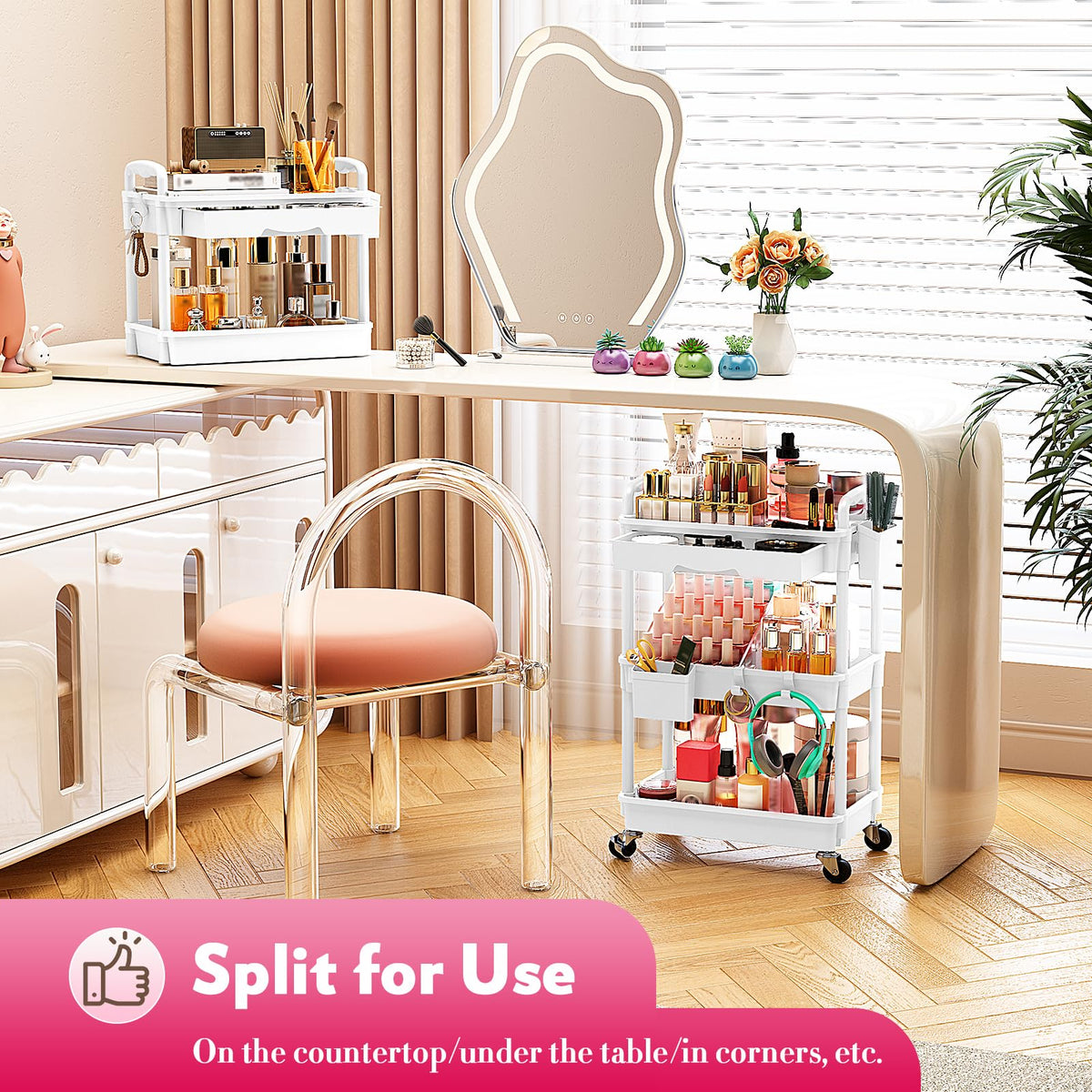 Step by step tool free assembly demonstration for the white SUNALLY floor vanity organizer cart.