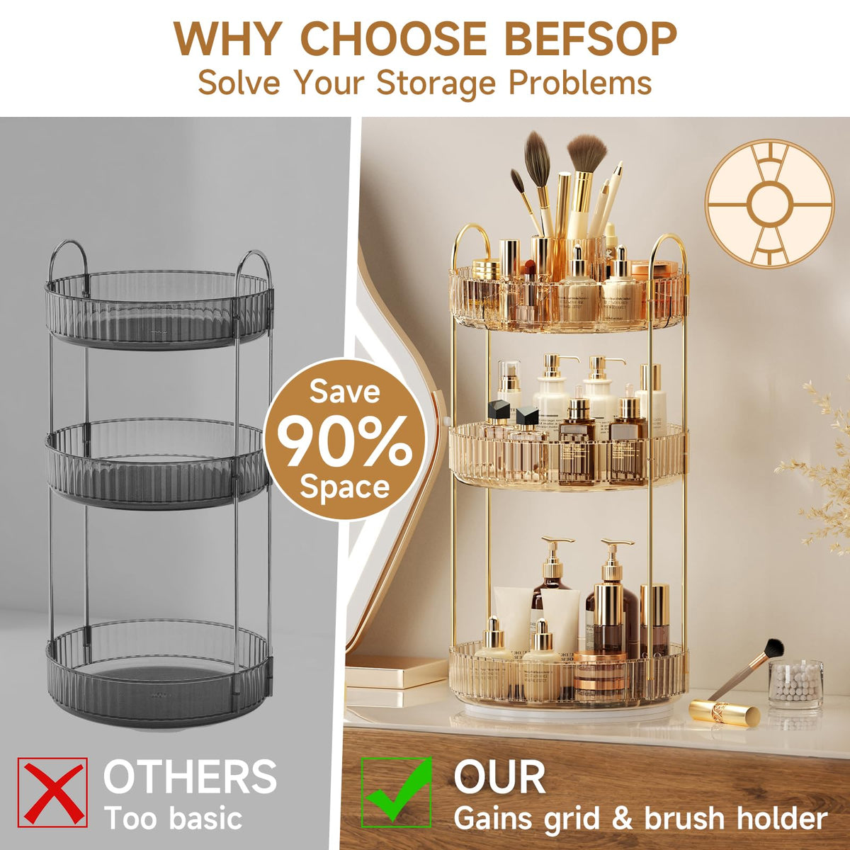 BEFSOP clear amber cosmetic dresser organizer loaded with perfume bottles and luxury creams