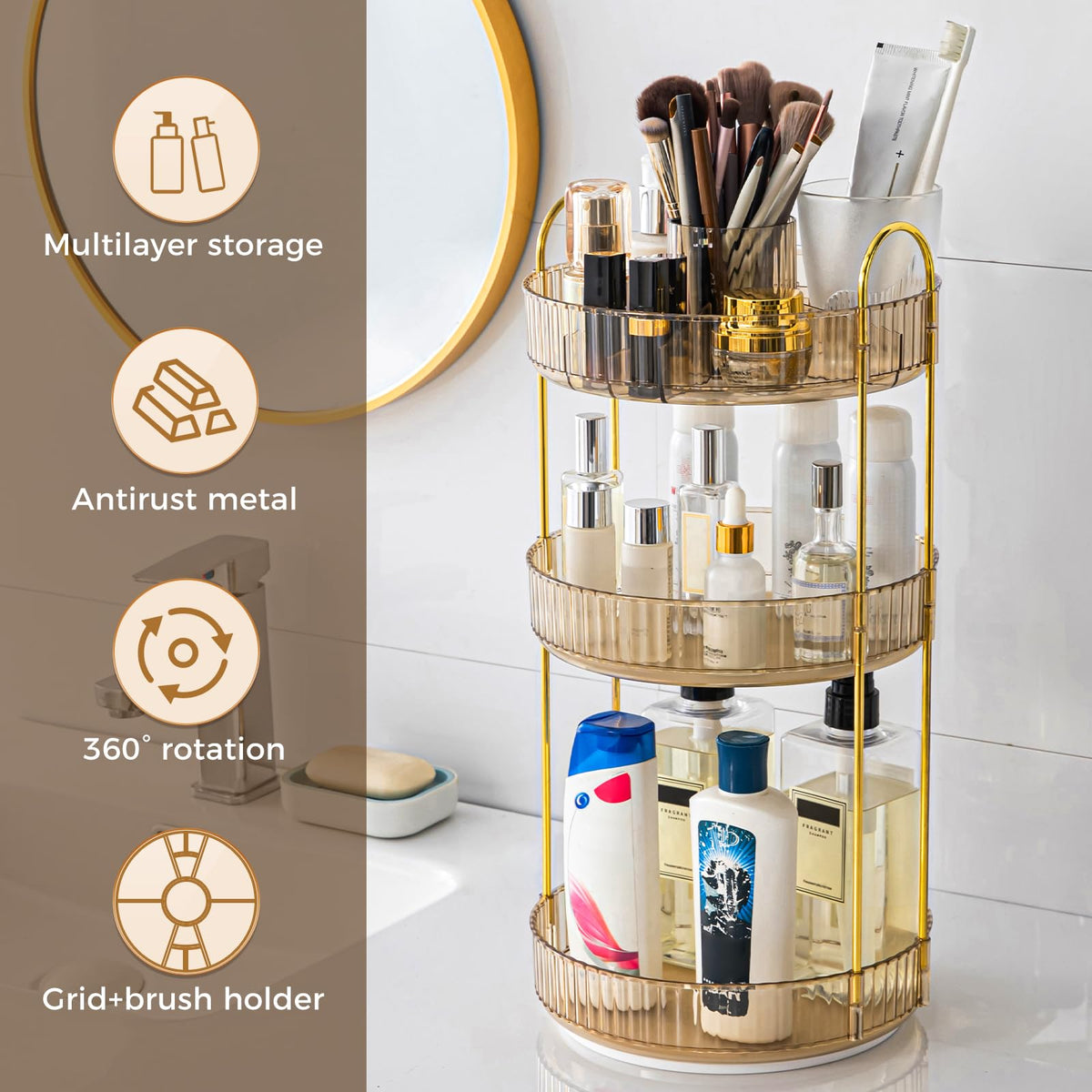 BEFSOP premium PET material vanity storage setup with makeup brushes and lipsticks