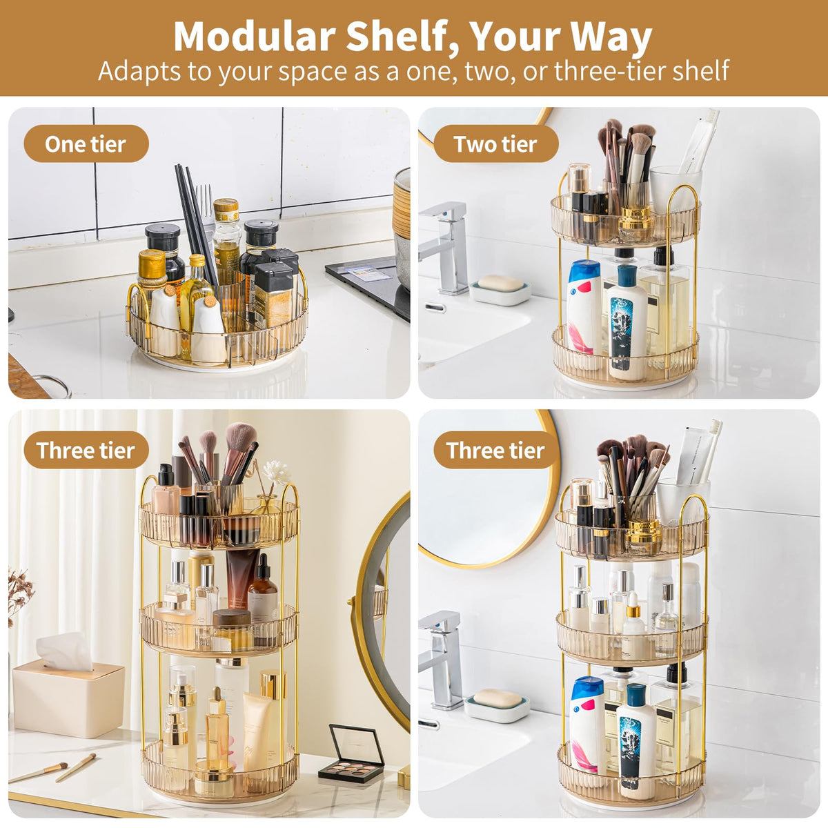 BEFSOP space saving three layer cosmetic organizer showing detachable tray assembly steps