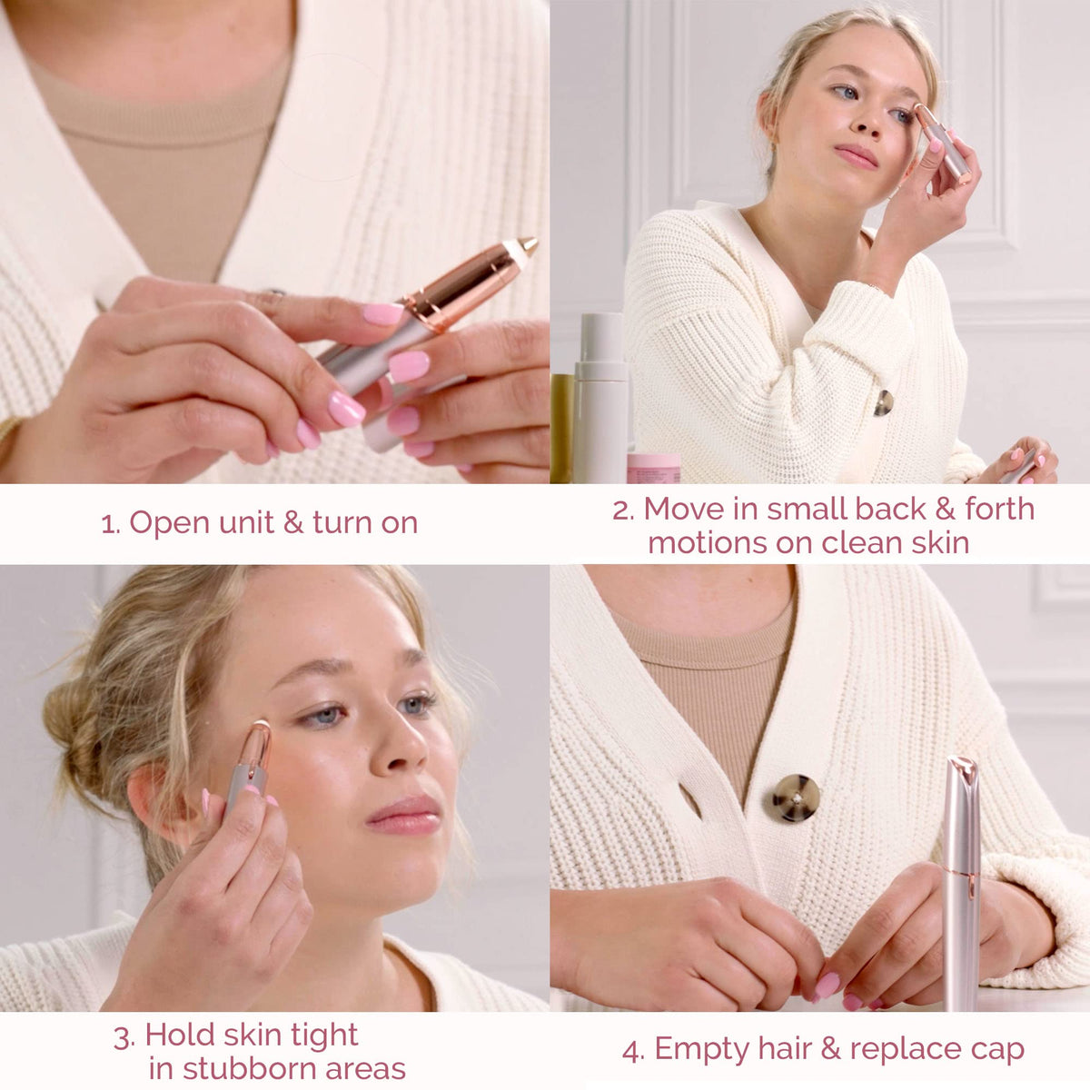 Finishing Touch Flawless Brows hair remover showing built in LED light illuminating skin