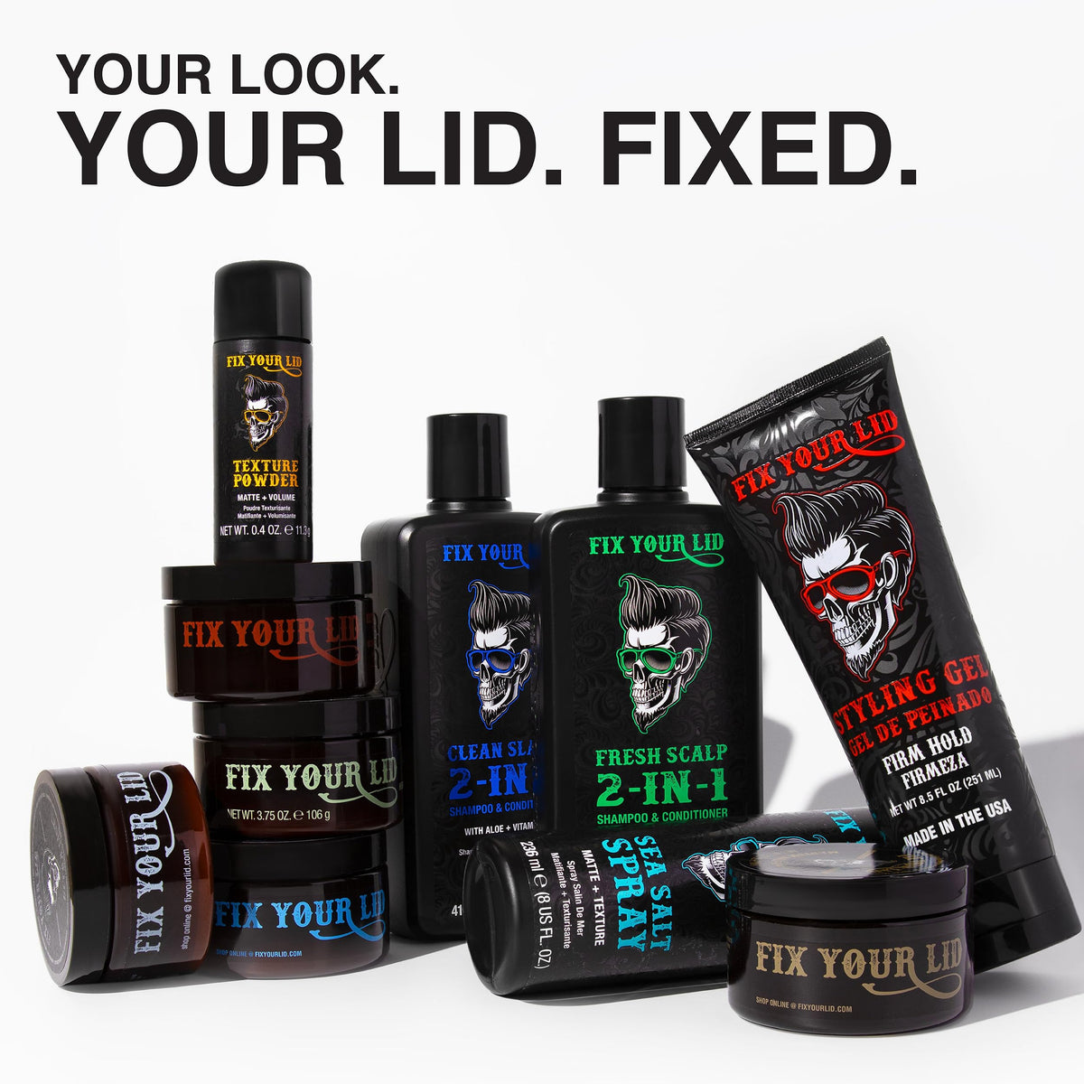 Side view of Fix Your Lid men grooming pomade with product weight specifications.